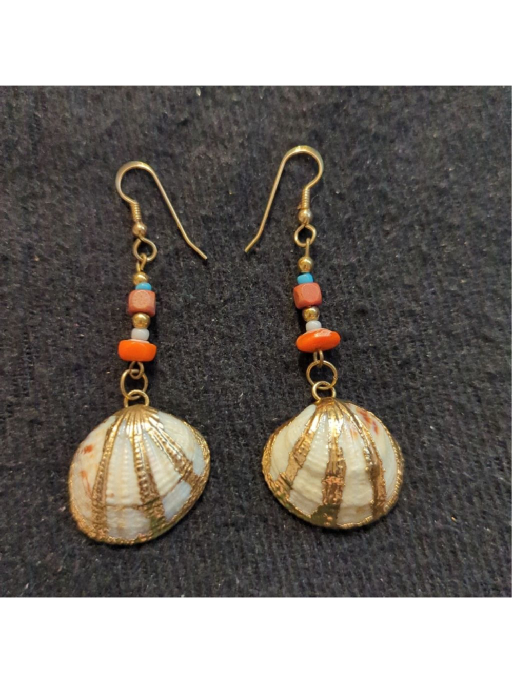 Gold Tone Natural Cream Shell Beaded Dangle Statement Earrings